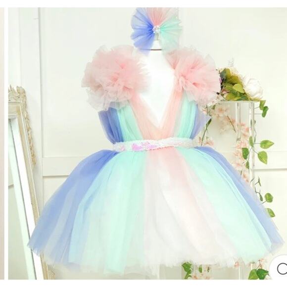 Baby Girls Tulle pom pom Unicorn Birthday Party Dress Size 1 Year - Picture 9 of 16